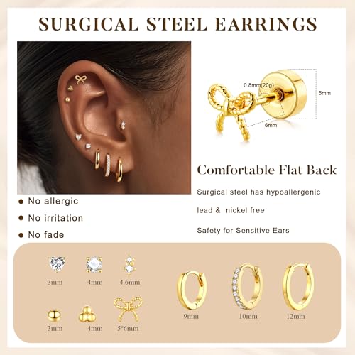 M MOOHAM 9 Pairs Flat Back Earring Stack Set for Women Teen Girls | Hypoallergenic Earrings, 14K Gold Plated Huggie Hoop Stud Earring, Small Cute Bow Cartilage Earrings, Trendy Jewelry Gifts