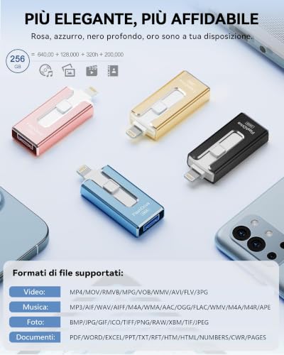 256GB USB Flash Drive for iPhone MFi Certified Lightning Type A Type-C Micro USB Flash Drive Compatible with iPhone, iPad, Android and PC, USB 3.0 Fast Expanding Photos, Documents and Videos, Blue | MFi, Lightning, Type A, Type-C and Micro USB certified, Compatible with iPhone, iPad, Android and PC, Fast USB 3.0