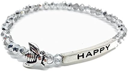 Bumble Bee Happy Inspirational Quote Bracelet Bead Stacking Stretch Made in USA (Silver)