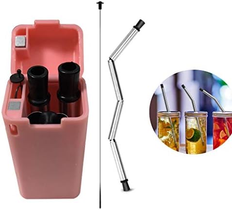 Collapsible Straw Stainless Steel Metal Straws Reusable Food-Grade Portable Folding Drinking Straws Keychain with Cleaning Brush (Pink)