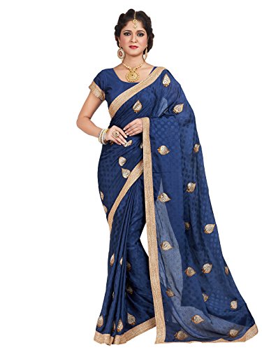 Shonaya Women's Embroidered Crepe Jaquard Blue Designer Saree With Unstitched Blouse Piece