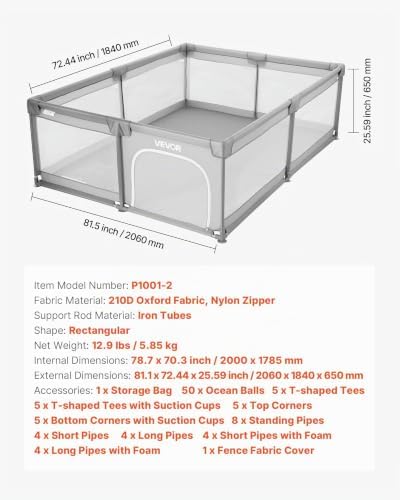 Parque infantil, ideal para crianças pequenas, para interior e exterior, com 50 bolas oceanicas, porta com fecho éclair e malha respirável, forma retangular, cinzento, 2060 x 1840 x 650 mm