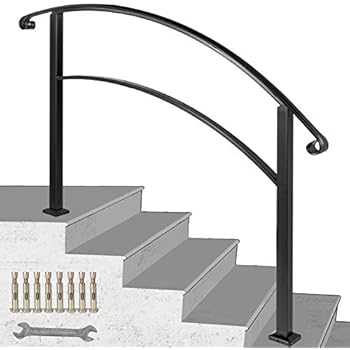 Happybuy 5-Step Handrail Fits 1 or 5 Steps Matte Black Stair Rail Wrought Iron Handrail with Installation Kit Hand Rails for Outdoor Steps