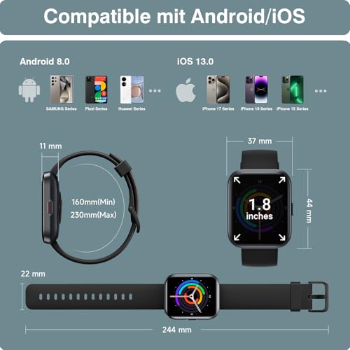 Smartwatch Men Women 1.85 Inch Smart Watch with Phone Function / Whatsapp, Fitness Watch Men with Heart Rate / Sleep Monitor, 10 Day Battery, 3ATM Waterproof Heart Rate Monitor for Samsung / iOS / Android / Alexa