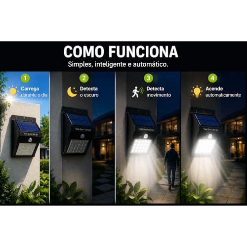 Kit 4 Arandelas Luminária Solar LED com Sensor de Presença Segurança | Luz Automática Externa Parede Jardim IP65 Resistente à Água Premium