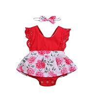 Ariestorm Infant Baby Girls Backless Romper +Headband Sleeveless Floral Lace Bodysuit Dress Red