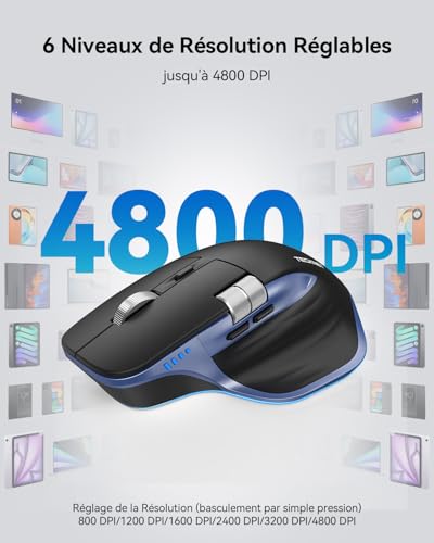 TECKNET Bluetooth Mouse, Ergonomic Wireless Mouse with 3 Modes (BT5.0/5.0+2.4G), Rechargeable, 4800 DPI Adjustable with Side Wheel Silent Mouse for Computers, Mac, PC, Windows, Blue