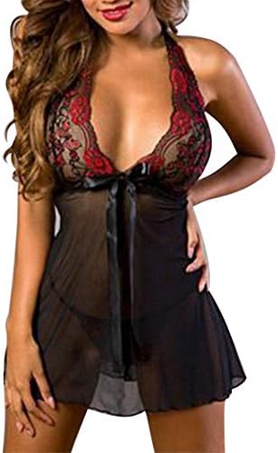 Livesimply Women Sexy Halter See-Through Mesh Embroidery Lace Floral Transparent Lingerie Night Dress with G-String