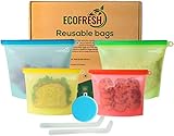 EcoSmrt Storage (4) + 2 Silicone Straws & Scrubber Sponge | Reusable Ziploc (2 Sizes) Eco-Friendly Leakproof Freezer Safe | Zero Waste Sandwich Snack Food Bag, Small & Large, Blue, Green, Red, Yellow