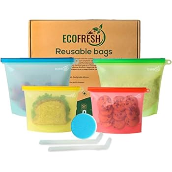 EcoFresh Silicone Food Storage Bag - (Set of 4) 2 Med and 2 Large Reusable Ziploc Bags - Airtight Storage Bags for Lunch, Fruits, and Liquid - Zero Waste Reusable Snack Bag for Freezer and Microwave
