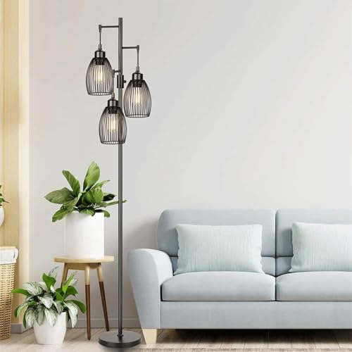 WAMBORY Dimmable Floor Lamp, 3 x 6W LED Bulbs Included, Farmhouse Industrial Floor Lamp with Rotary Switch, Vintage Tree Lamp with Elegant Teardrop Cage, Tall Standing Lamps for Living Room Bedroom