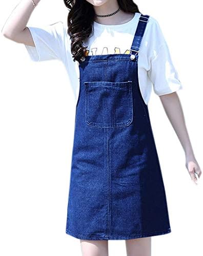 WSLCN Women Summer Denim Dress Girls Long Suspender Skirt Denim Dungaree Dress Pinafore Mini Overalls with Pocket