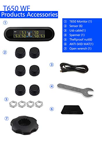 Wireless TPMS Tire Pressure Monitoring System Solar Power with 6 External Sensors Real-time Display Temperature and Pressure LCD Display, Real-time Alarm Function (Black) - Thumbnail 6