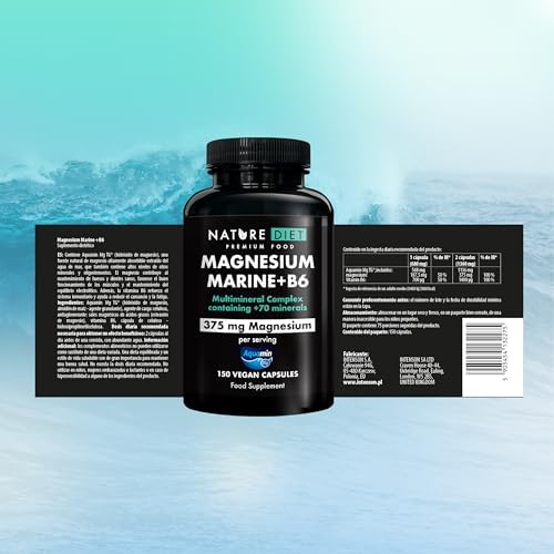 Magnesium Marine + B6-375 mg de Magnesio por porción - 150 Cápsulas Veganas - Complejo Multimineral con Aquamin - Apoya la Salud Ósea, Muscular y Cardiovascular
