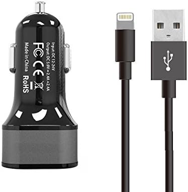 Dual USB 4.8 Amp Car Charger and MFi Lightning Cable Pack - High Capacity Fast charger for Apple iPhone 7 6S 6 Plus SE, iPad, iPod (Car Charger + Lightning Cable)