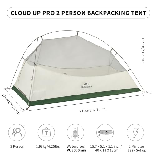 Naturehike Upgraded Cloud Up 2 Person Tent Backpacking Tent Camping Tents for 3 Season Lightweight Tents for Camping & Hiking