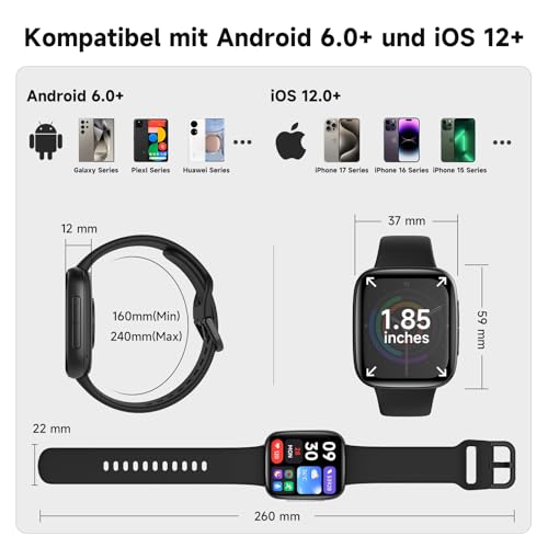 Women's Smartwatch, AMOLED 1.85 Inch Smart Watch for iPhone/Samsung/Android (Phone Function), Fitness Tracker with Integrated Alexa, 110 Sports Modes, IP68 Waterproof, Heart Rate Monitor, Sleep