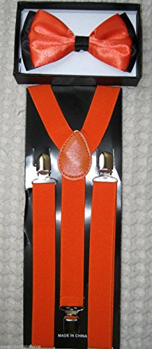Unisex Fashion Adults Teens Teenagers Solid Orange with Black Tips Adjustable All Polyester Silk Bow Tie and Matching Adult Teens Teenagers Solid Orange Glitter Adjustable Suspenders Combo-new in Factory Pkg!