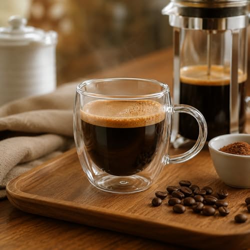 Conjunto com 6 Xícaras de 110ml em Vidro Borossilicato de Parede Dupla com Alça para Café Espresso Chá Cappuccino e Bebidas Quentes (KIT COM 6 PEÇAS)