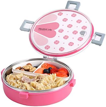 Stainless Steel Lunch Box 3 Compartments with Removable Divided Container, Leakproof Portion Control Lunch Containers for Adults, Kids, School, Office, BPA Free (Round, Pink)