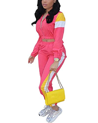 Color Block Tracksuit Sets for Women Casual Colorful Zipper 2 Piece Crop Jacket and Bodycon Pant Jogger Sportwear Pink L