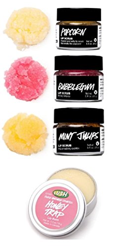 Lush Set of 4 Natural, Vegan Cosmetics From Lush : Bubblegum , Mint Julips & Popcorn Lip Scrub with Honey Traps Lip Balm