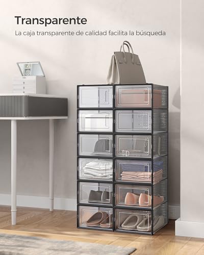SONGMICS Cajas de Zapatos Plástico, Juego de 12 Organizadores de Almacenamiento, Caja Zapatero Plástico Plegable y Apilable para Zapatillas hasta talla 44, Transparente y Negro MLSP006B12