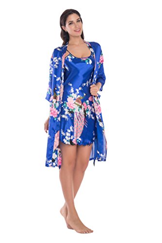 Yukata Womens Gorgeous Loungewear 2PC Set Sleepwear Camisole & Robe, Royalblue XL