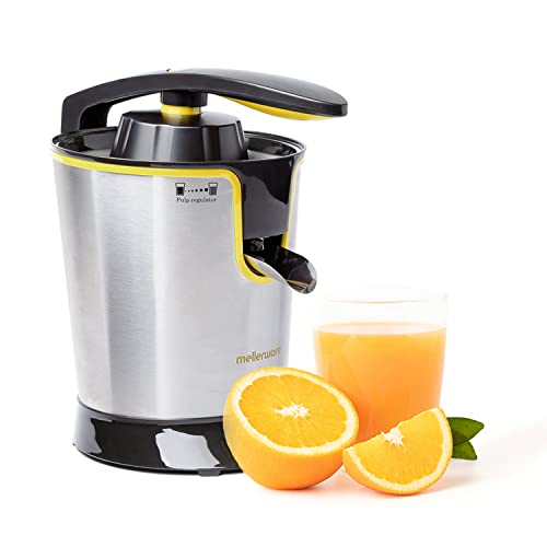 Mellerware - Exprimidor Eléctrico Profesional Juicy! 300W | Vertido Continuo | Sistema Antigoteo | 2 Filtros | 2 Conos intercambiables | Motor AC | Apto Lavavajillas | Zumos de naranjas | (Yellow)