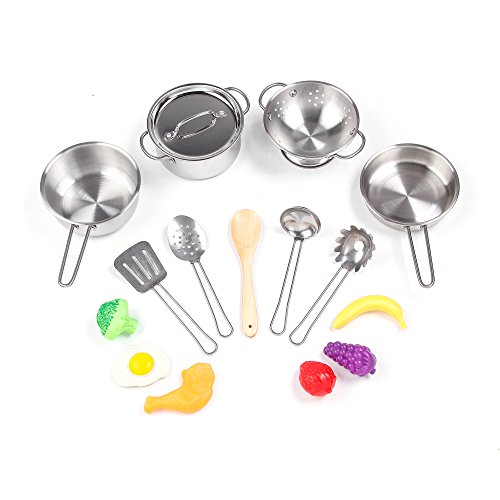 Kidami Kitchen Toys Stainless Steel Pots and Pans and Cooking Utensils,
Pretend Play Cooking Toys for Kids (16 pcs, Food Included)