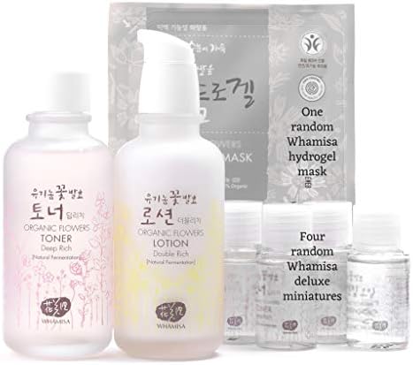 Whamisa Organic Flowers Deep Rich Toner & Double Rich Lotion Skin Care Set + Whamisa Organic Facial Mask & 4 random best miniatures | Best Natural Organic Korean Skin Care