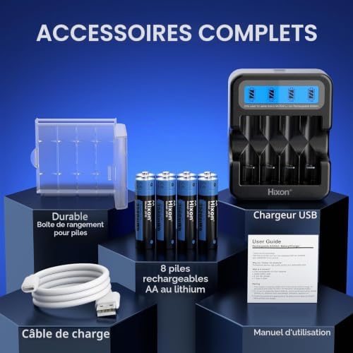 Lot de 8 piles au lithium AA rechargeables 1,5 V - 3500 mWh et 1600 cycles longs - 8 batteries au lithium 1,5 V AA avec charge rapide blanche - Écran LCD - Chargeur