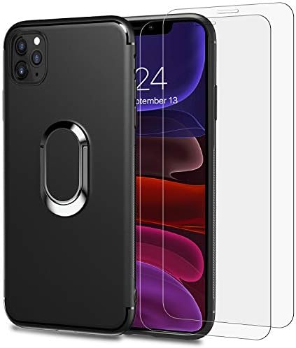 Handyone iPhone 11 Pro Max Case with Alloy Magnetic Phone Ring Holder,360 Grad Full Body Protection, Matte TPU Case with 2 Piece Tempered Glass Screen Protector for iPhone 11 Pro Max-Black