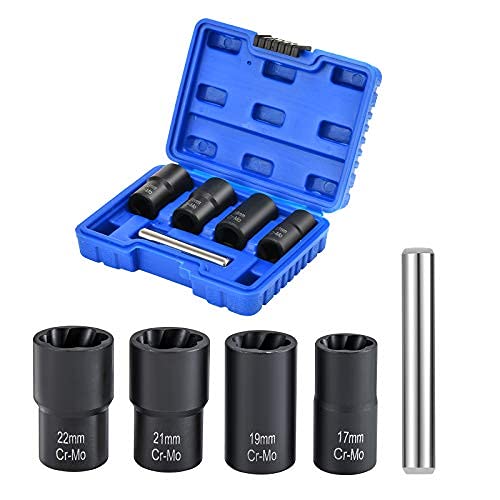 Twist Socket Set Lug Nut Remover Extractor Tool 5 Piece Metric Bolt and Lug Nut Extractor Socket Tools with Center Punch Bar (17mm - 22mm)
