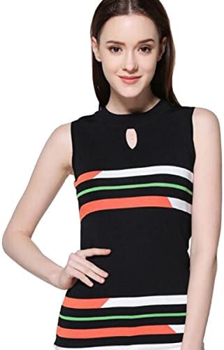 Neudeli Women's Fashion Hollowout Slim Camisole Top Blouses Colorful Stripped Sleeveless T-shirt Black Free Size