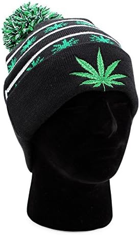 Weed Leaf POM POM Beanie Winter Knit Hat Cap (Black)
