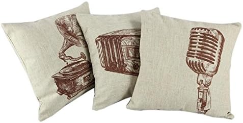 Mega TPC Home Decor Cotton Linen Square 3Pcs Pillowcase Set of 3 Music Art Gramophone Throw Pillow Sham Cushion Cover 18" x 18"