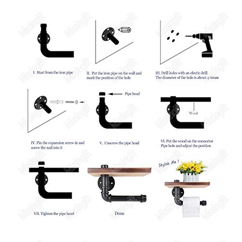 Industrial Toilet Paper Holder with Wooden Shelf Metal Wall Storage Iron Pipe Missingift Tissue Roll Hanger (Single Faced)