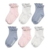 Epeius Infants and Toddlers Baby-Girls Non Slip Ruffle Frilly Ankle Socks Pointelle (Pack of 6) Blue Grey/Natural White/Pink,1-2 Years
