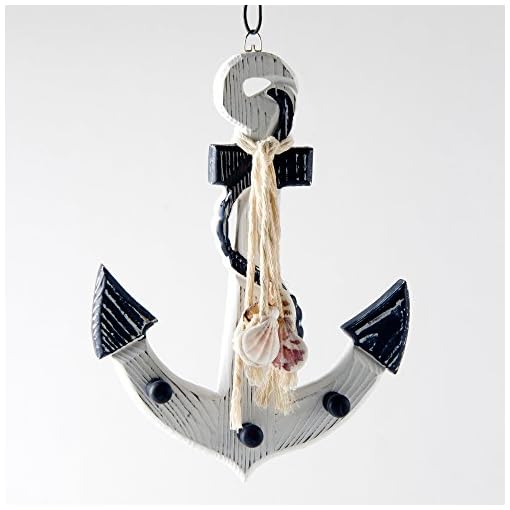 Glitzhome Wooden Blue White Nautical Anchor Wall Decor With Shells