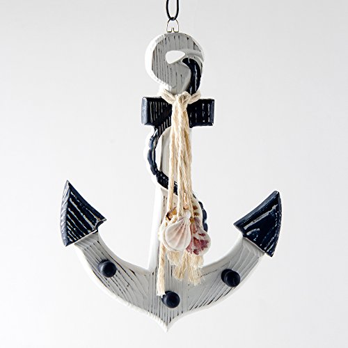 Glitzhome Wooden Blue/White Nautical Anchor Wall Decor with Shells