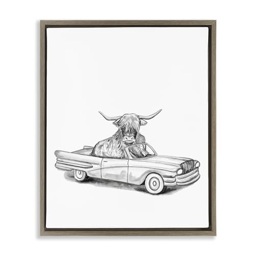 Stupell Industries Bull in Vintage Vehicle Brown Framed Floater Canvas Wall Art…
