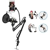 Microphone Stand with Mic Pop Filter and Universal Cell Phone Holder,Adjustable Desktop Mic Suspension Boom Stand for Live Stream Radio,Webcast,Broadcasting,Studio and Home Recording