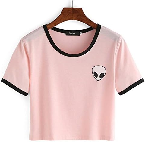 Blogger Striped ET Teen Girls Alien Crop Top Slim Tees Short Sleeve T-Shirt