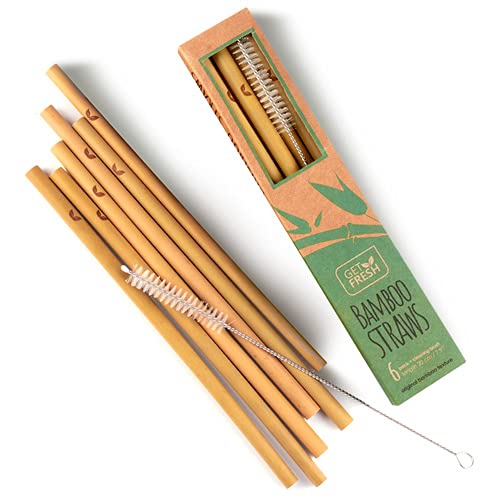 GET FRESH Reusable Bamboo Drinking Straws Set – 6-Pack Natural Straws for Kids and Adults – BPA-Free Durable Non-Plastic Original Bamboo Drinking Straws