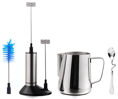 Milk Frother Set - Handheld Electric Foam Maker With Additional Single Spring Whisk Head + 304 Stainless Steel Cup Frothing Pitcher Jug 20 Oz (600 ml) + Bent Milk Tea Coffee Spoon