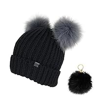 Elliott and Oliver Co. Trendy Cuff Winter Chunky Knit Beanie Hat with Double Faux Fur Pom Pom Bear Ears with Keychain (Black)