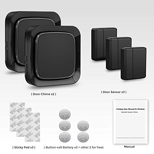 Door Sensor Wireless Alarm Chime Kit for Home/Office/Store, Coolqiya Doorbell Entry Alert System Operating at 600FT Range With 4 Volume Levels 52 Melodies, 3 Door Sensors + 2 Plug-in Receivers (Black)