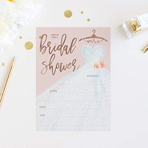 25 Bridal Shower Invitation with Envelopes, Rose Gold Modern Calligraphy and Wedding Dress Bridal Shower Invitation, Fill-in Style Invitation
