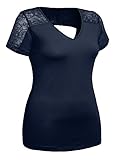Women's V Neck Short Sleeve Lace Mesh Inset Top